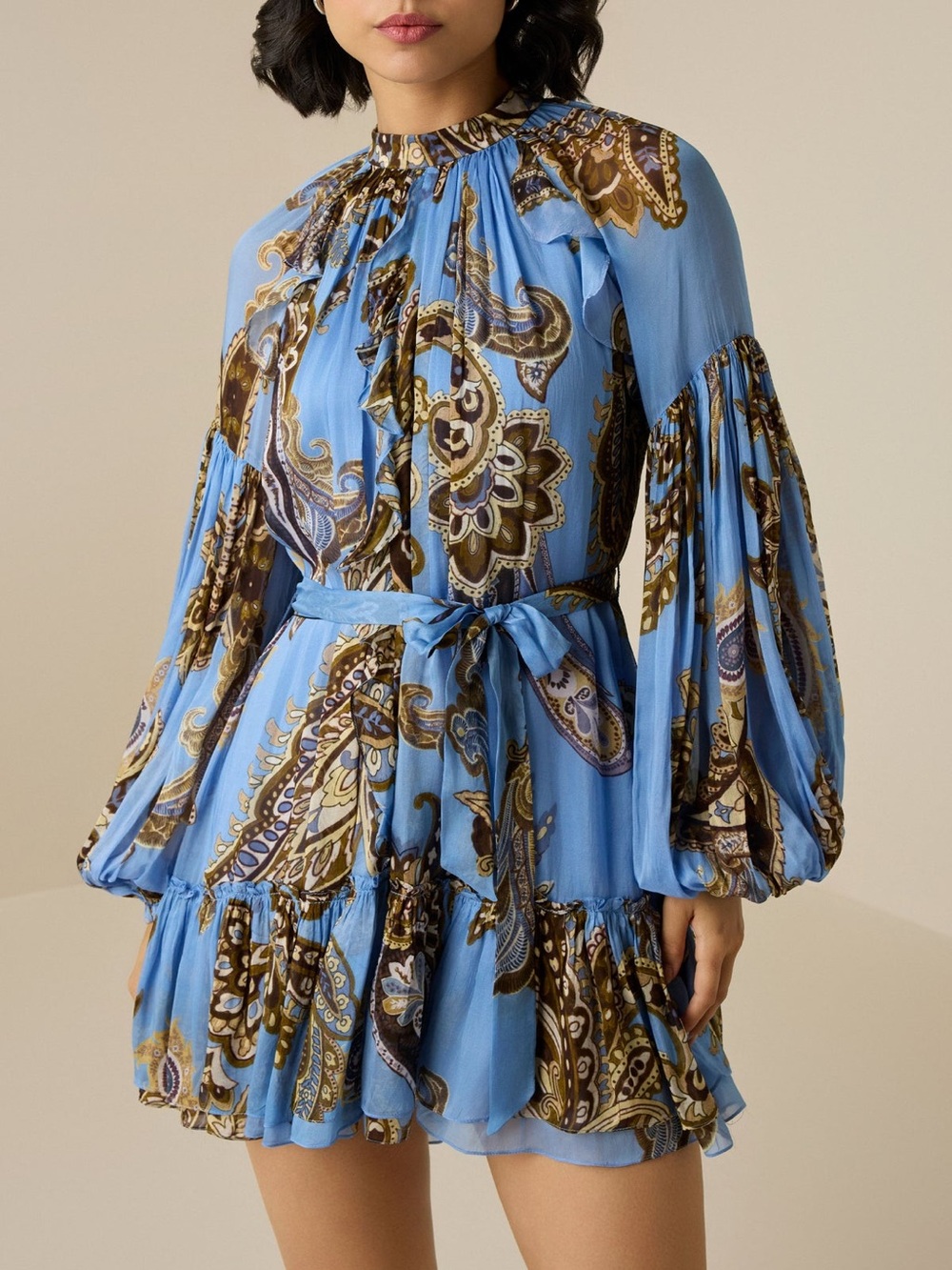 Hemant & Nandita Saya Ruffle Short Mini Dress Blue Paisley NWT Size Small
